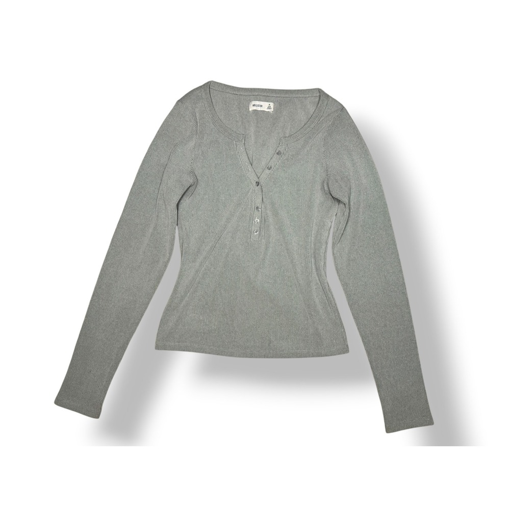 Hollister Women's Medium Ribbed Henley Top Grey Stretch